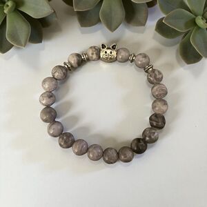 Beaded Cat Bracelet - Grey Marbled Stone - Cat Mom - Stretch Stackable